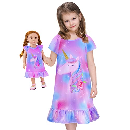 ICOSY Matching Girls & Doll Nightgowns Clothes Unicorn Pajamas Sleepwear Outfit for Girls and American 18' Girl Doll Blue Purple