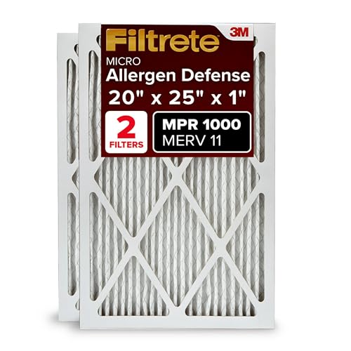 Filtrete 20x25x1 AC Furnace Air Filter, MERV 11, MPR 1000, Micro Allergen Defense, 3-Month Pleated 1-Inch Electrostatic Air Cleaning Filter, 2 Pack (Actual Size 19.688 x 24.688 x 0.84 in)