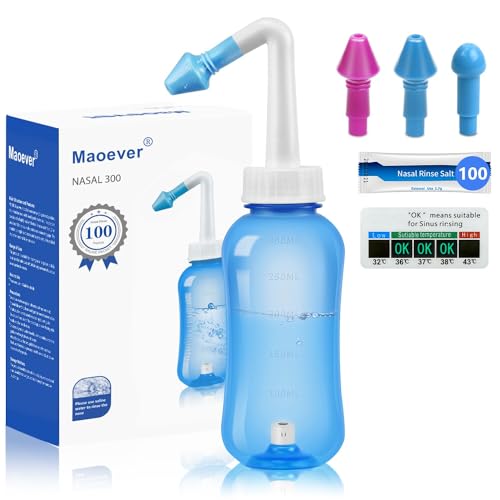 Neti Pot Sinus Rinse Bottle with 100 Nasal Wash Salt Packets Nose Wash Cleaner Pressure Rinse Nasal Irrigation for Adult & Kid BPA Free 300 ML with Sticker Thermometer(Blue)