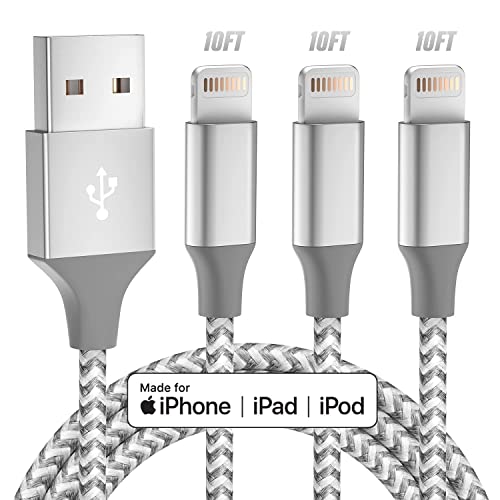 iPhone Charger 3pack 10FT Apple MFi Certified Long Lightning Cable Fast Charging High Speed Data Sync USB Cable Compatible iPhone 14 13/12/11 Pro Max/XS MAX/XR/XS/X/8/7/Plus/6S (Grey White)