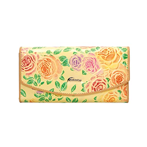 ArtsEye Women's Rose Embossed Genuine Leather Trifold Wallet Purse (Yellow)