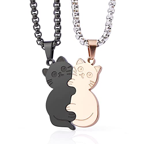 Colentine Cat Couples Necklace Cute Cat Hugging Puzzle Matching Necklaces Gift for Valentine's Day (Rose Gold)