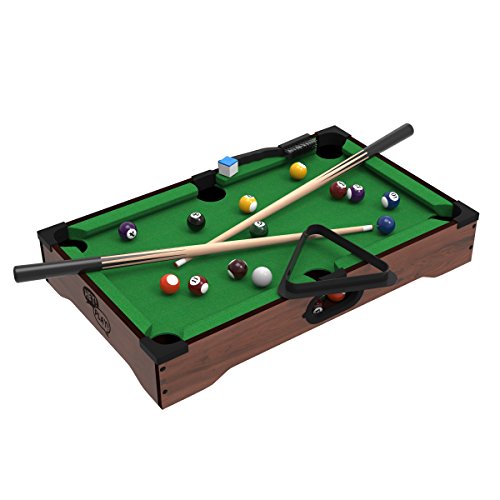 Hey! Play! Mini Tabletop Pool Set- Billiards Game Includes Game Balls, Sticks, Chalk, Brush and Triangle-Portable and Fun for The Whole Family, Green, (476551SCA)