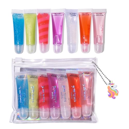M&U Sparkle Lip Gloss Set with Handbag, 7Pcs Assorted Flavors Hydrating Lip Balm Party Favor Make-up for Kids and Teens Ages 5+