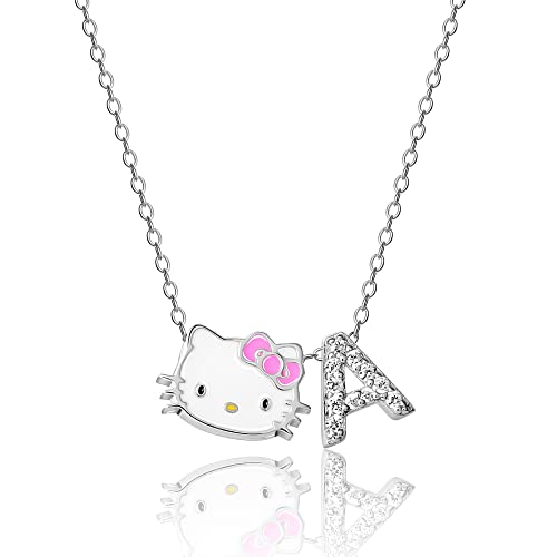 SALLY ROSE Sanrio Hello Kitty Womens Sterling Silver Letter Necklace - Enamel and Cubic Zirconia Initial A Necklace Officially Licensed