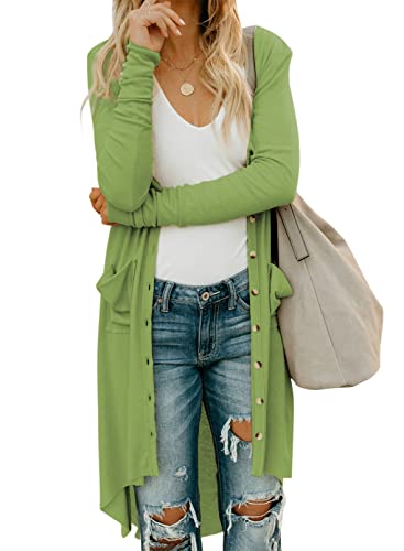 Dokotoo Womens Fashion Ladies Solid Casual Snap Button Down Open Front Pocket Ribbed Knitted Long Sleeve Long Cardigans Sweater Outerwears Lightweight Sweaters Cardigans Coats Green Small