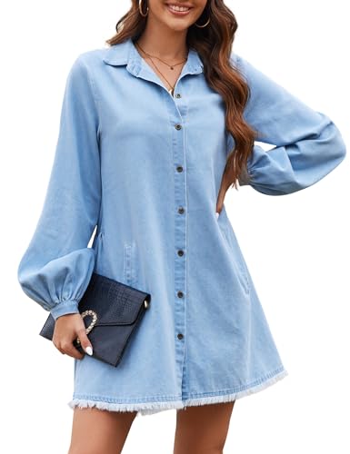 Zilcremo Women's Button Down Babydoll Denim Dress Long Sleeve Jean Shirt Dress with Pockets Blue M