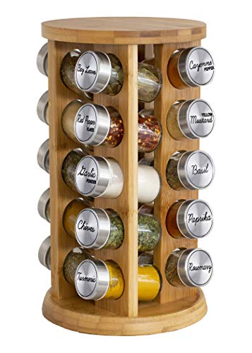 Orii 20 Jar Bamboo Spice Rack with Spices Included - Rotating Tower Organizer for Kitchen Spices and Seasonings, Free Spice Refills for 5 Years (Bamboo Wood)