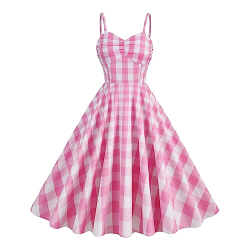Women's Vintage Adjustable Spaghetti Straps Dress 1950s Vintage Audrey Hepburn Style Cocktail Swing Dresses Rockabilly 50's Style Dress Plaid Gingham Checkered Dress Summer Housewife Dress Pink-Cami L