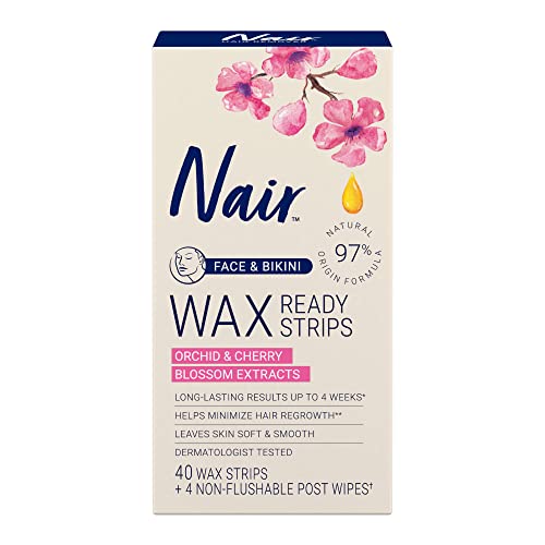 Nair Hair Remover Wax Ready Strips, Face and Bikini Hair Removal Wax Strips, 40 Count