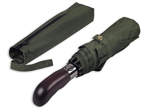 Balios Prestige Travel Umbrella, Real Wood Handle, Auto Open & Close, Vented Windproof Double Canopy, Designed in UK (Olive Green with Real Wood Handle)