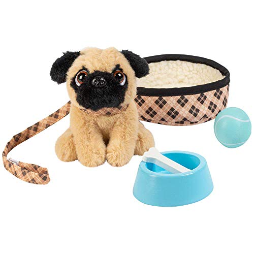 Adora Amazon Exclusive Amazing Pets - Soft and Cuddly Plush Pet, Includes Plaid Dog, Collar, Leash, Blue Ball, Wooden Bowl and White Wooden Bone, - Preston the Brown Pug