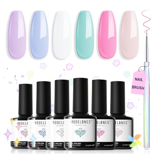 modelones Gel Nail Polish Set, 6 Colors Pastel Gel Polish Set with Nail Art Liner Brush, Soft Pink White Light Purple Blue Green Nude Summer Painting Nail Gel Polish Kit Mani DIY Salon Gift