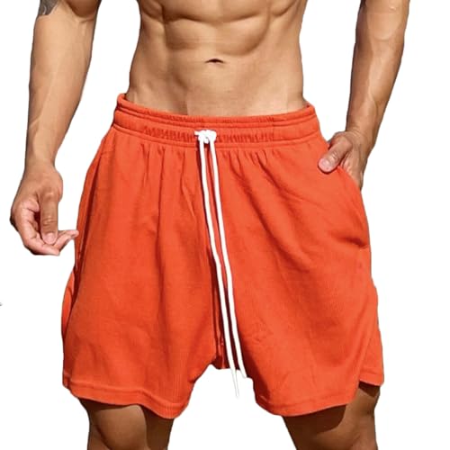 Men's Casual Training Shorts Elastic Waist Drawstring Athletic Five-Point Pants Workout Fitness Cycling Stretchy Shorts Orange XX-Large