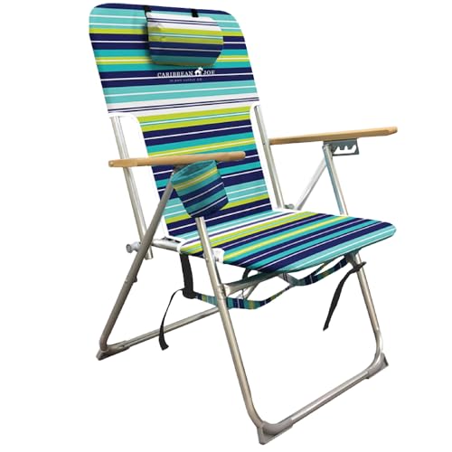 Caribbean Joe Folding Beach Chair, 4 Position Portable Backpack Foldable Camping Chair with Headrest, Cup Holder, and Wooden Armrests, Blue and Lime Stripe