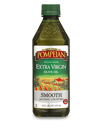 Pompeian Smooth Extra Virgin Olive Oil, First Cold Pressed, Mild and Delicate Flavor, Perfect for Sauteing and Stir-Frying, Naturally Gluten Free, Non-Allergenic, Non-GMO, 16 FL. OZ., Single Bottle
