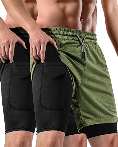 FIONECA 2 in 1 Mens Shorts Casual 2 Pack, Running Gym Shorts for Men 7 Inch, Workout Shorts Men with Pockets &Towel Loop -(Black&Army Green,M)
