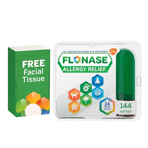 Flonase Allergy Relief Nasal Spray, 24-Hour Non-Drowsy Multi-Symptom Relief – 144 Sprays, Bonus Pack of Tissues