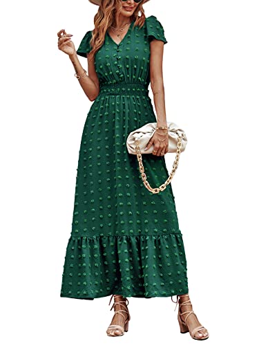 PRETTYGARDEN Womens Summer Boho Short Sleeve V Neck Ruffle Tiered Maxi Dress Swiss Dot Smocked Dress A Line Beach Long Dress(Dark Green,Medium)