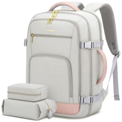 LOVEVOOK Travel Backpack For Women, 40L Carry On Backpack Flight Approved, TSA Personal Item Travel Bag Fits 17 Inch Laptop, Business Weekender Overnight Waterproof Daypack With 2 Cubes, Grey-Pink