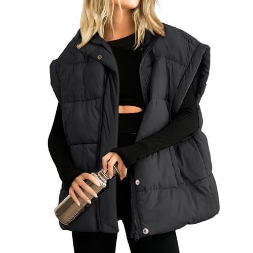 Songling Womens Oversized Puffer Vest Stand Collar Full Zip Sleeveless Bubble Puffer Vest Quilted Padded Warm Coat Outwear (Black,L)