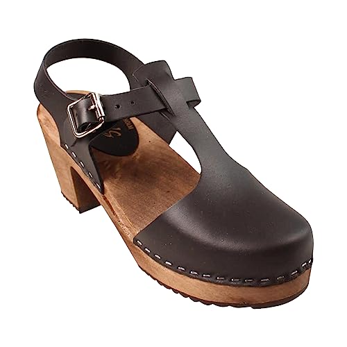 Lotta From Stockholm Swedish Highwood T-Bar Clogs - Black Leather Clogs for Women on Brown Base | Rubber Sole | Comfortable Walking Shoes | Handcrafted in Sweden-40