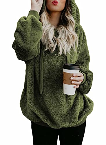 Dokotoo Womens Fleece Hoodies Winter Cozy Soft Warm Sweatshirts Casual Fashion 2023 Female Solid Fuzzy Sweatshirt Pullovers Outerwear Fashion Hooded with Pockets Outerwear Large A Green
