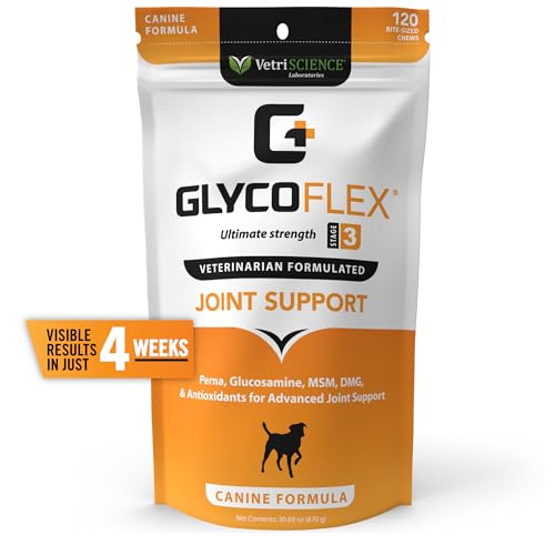 VetriScience Glycoflex 3 Clinically Proven Hip and Joint Supplement for Dogs - Maximum Strength Dog Supplement with Glucosamine, MSM, Green Lipped Mussel & DMG - 120 Chews, Chicken Flavor​