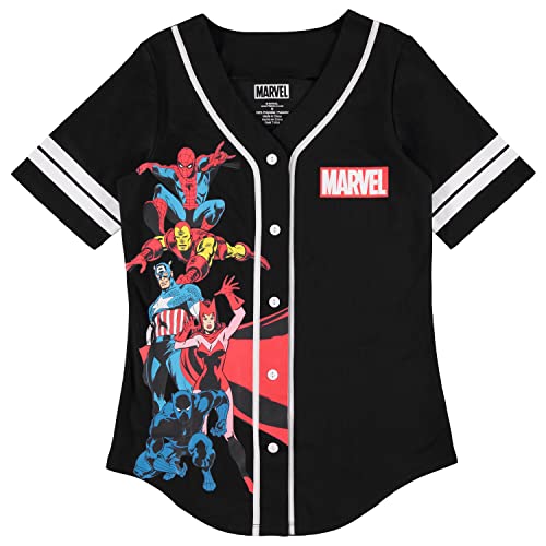 Marvel Ladies Comics Baseball Jersey - Spiderman, Ironman, Captain America & Hulk Mesh Button Down Baseball Jersey (Black, Large)