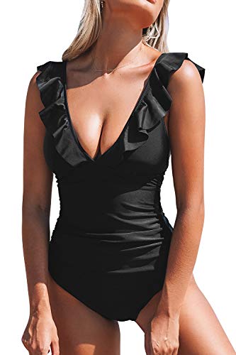 CUPSHE Women's Ruffled Lace Up One Piece Swimsuit, XL Black