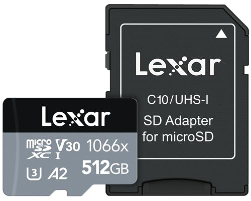 Lexar 512GB Professional 1066x micro SD Card w/ SD Adapter, UHS-I, U3, V30, A2, Full HD, 4K, Up to 160/120 MB/s, for Action Cameras, Drones, Smartphones, Tablets, Nintendo-Switch (LMS1066512G-BNANU)
