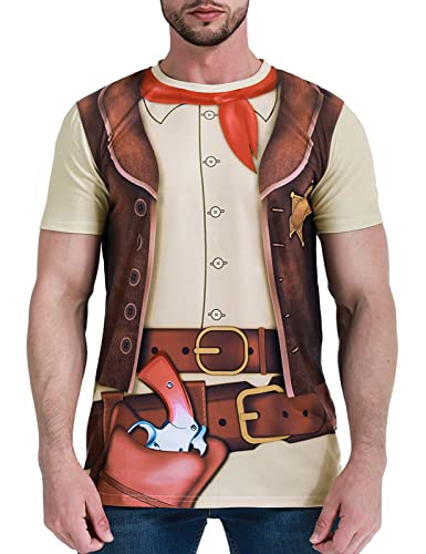 Funny World Men's Western Cowboy Costume T-Shirts, Large, Brown