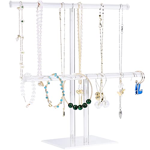 Jewelry Stand Necklace Holder, Acrylic Jewelry Display Holder, Necklace and Bracelet Hanging Organizer, Clear 2-Tier Tower Stand for Bangles, Necklaces, Bracelets, Rings, Earrings and Watch