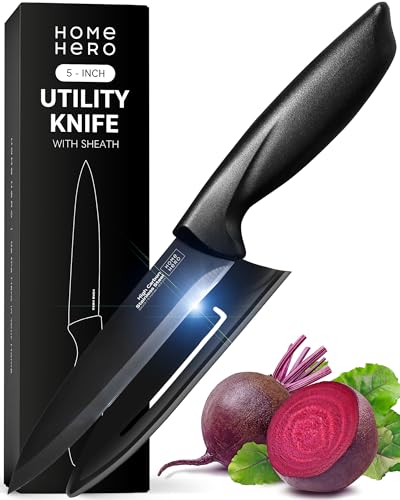 Home Hero 2 Pcs Vegetable Knife with Sheath - High Carbon Stainless Steel Chopping Knife with Ergonomic Handle - Razor-Sharp Multi-Purpose Kitchen Knife for Chopping Vegetable and Cooking (Black)