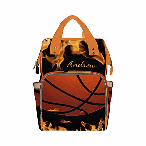 Newcos Personalized Basketball in The Fire Flame New Mom Diaper Bag with Name Nappy Bag Casual Travel Daypack, One Size