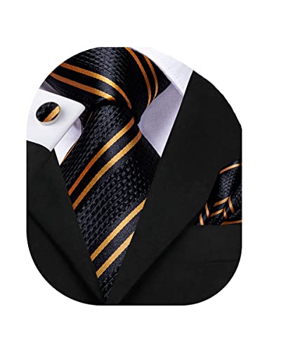 Dubulle Black and Gold Stripes Ties for Men Silk Mens Black Necktie Pocket Square Cufflinks Set Wedding