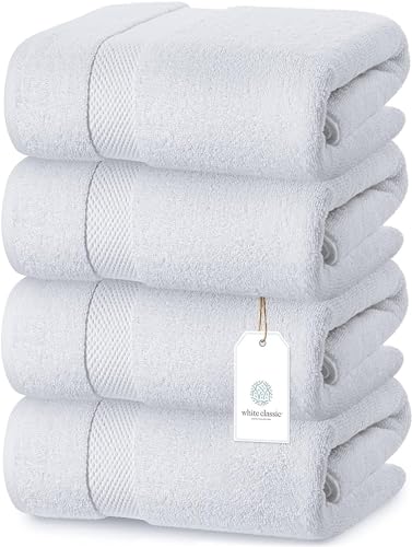 White Classic Luxury Bath Towels Set of 4 Large - 700 GSM Cotton Ultra Soft Bath Towels 27x54 | Highly Absorbent and Quick Dry | Hotel Towels for Bathroom Luxury, Plush Shower Towels, White