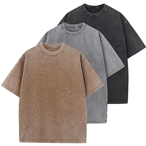 3 Pcs Oversized Heavy Cotton Summer T-Shirts Vintage Unisex Short Sleeves Casual Loose Basic Tops(A-Coffee+Grey+Black L)