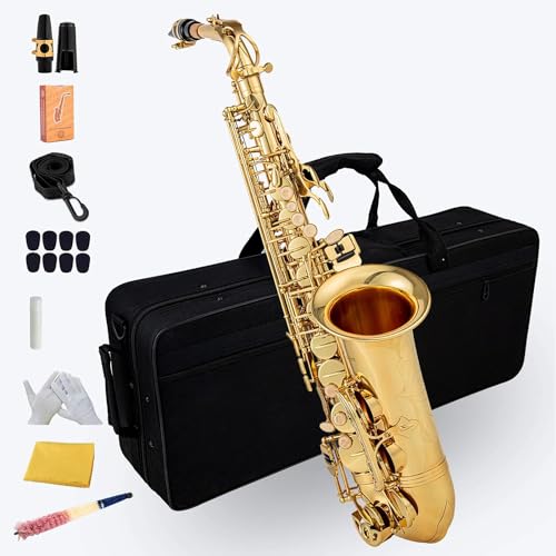 yomone Gold E Flat Alto Saxophone Brass Engraved Eb E-Flat Natural White Shell Button Wind Instrument with Case Belt Brush