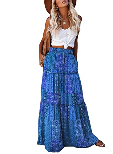 EARKOHA Womens Casual High Waist Tiered Paisley Print Long Maxi Skirt with Pockets Blue