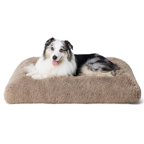 Bedsure Large Dog Bed Washable, Plush Calming Dog Crate Beds for Large Breed, Fulffy Dogs Sleeping Mat, Anti-Slip Pet Kennel Pad, 35' x 23', Brown