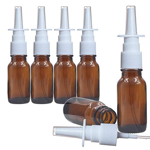 UPSTORE 6 Pcs (5ml/0.17oz) Amber Round Empty Glass Nasal Spray Bottle with Press Spray Head Refillable Portable Fine Mist Sprayers Containers Pot Travel Sub Bottling for Colloidal Silver Saline