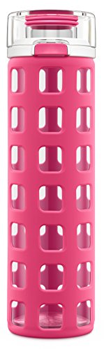 Ello Syndicate Glass Water Bottle with One-Touch Flip Lid and Protective Silicone Sleeve and Carry Loop, BPA Free, Dishwasher Safe, Pink, 20oz