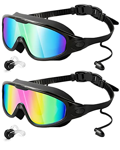 Swim Goggles 2 Pack, Wide View Anti Fog&UV Swimming Goggles for Audlt, No Leaking Swim Glasses for Men Women Youth