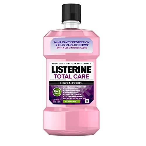 Listerine Total Care Alcohol-Free Anticavity Fluoride Mouthwash, 6 Benefit Oral Rinse to Help Kill 99% of Germs That Cause Bad Breath, Strengthen Enamel, Fresh Mint Flavor, 500 mL