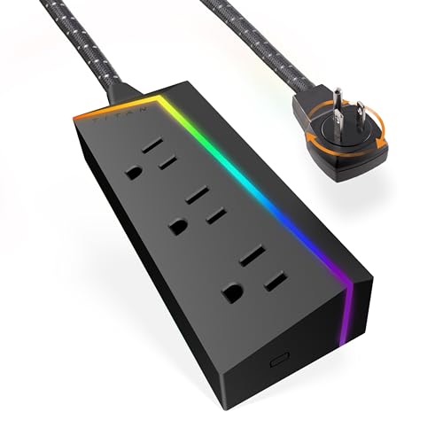 Titan Surge Protector Power Strip, 3 Outlet Surge Protector, 4Ft Braided Cord Flat Plug Power Strip, 240V Gaming Power Strip, 3-Prong Power Strip, 360 Surge Protector Outlet, Multicolor/Black, 60046