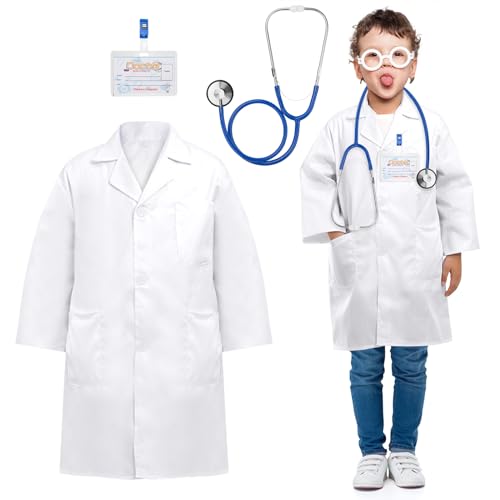 ERDOGLY Doctor Costume for Kids, Doctor Scientist Lab Coat with Stethoscope Toy & ID Card, Toddler Dr Dress Up Halloween Role Play for Boy Girls