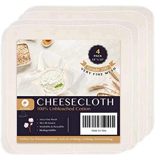 Precut Cheesecloth, 15 x 15'' 4 Pack, Grade 100, Ultra Fine for Straining & Cooking, 100% Unbleached Cotton Cheese Cloth for Making Cheese