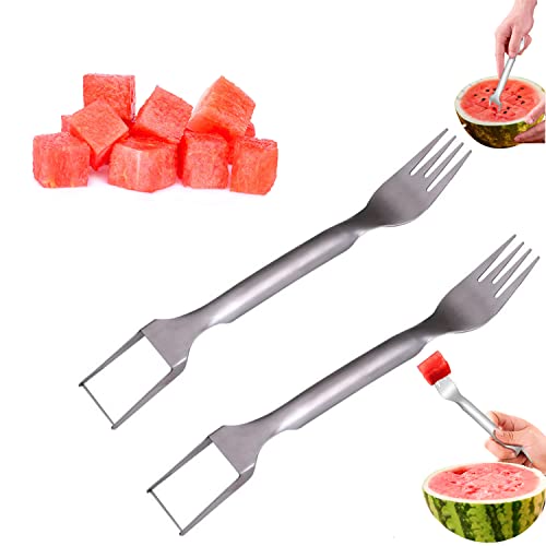 2PCS 2-in-1 Watermelon Fork Slicer, 2023 New Summer Watermelon Fruit Cutting Fork, Dual Head Stainless Steel Fruit Forks Slicer Knife for Family Parties Camping