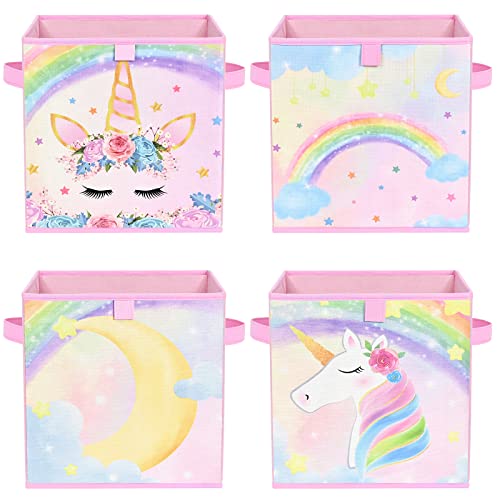 WERNNSAI Cube Storage Bins - 4 Pack Fabric Foldable Storage Cube Organizer for Kids Decorative Storage Baskets with Handles 11' x 11' Home Closet Nursery Room Bedroom (Unicorn)